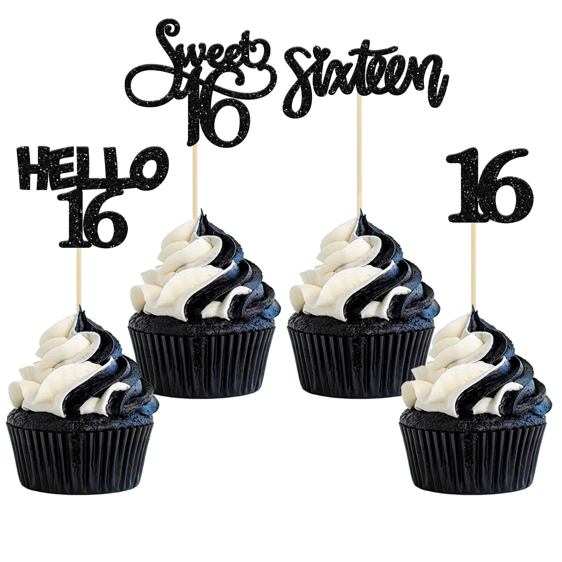 Gyufise 24Pcs Black Glitter 16Th Birthday Cupcake Toppers Sweet 16 Cake Toppers Hello 16 Sixteen Cupcake Picks For 16Th Birthday