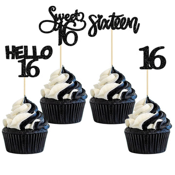 Gyufise 24Pcs Black Glitter 16Th Birthday Cupcake Toppers Sweet 16 Cake Toppers Hello 16 Sixteen Cupcake Picks For 16Th Birthday