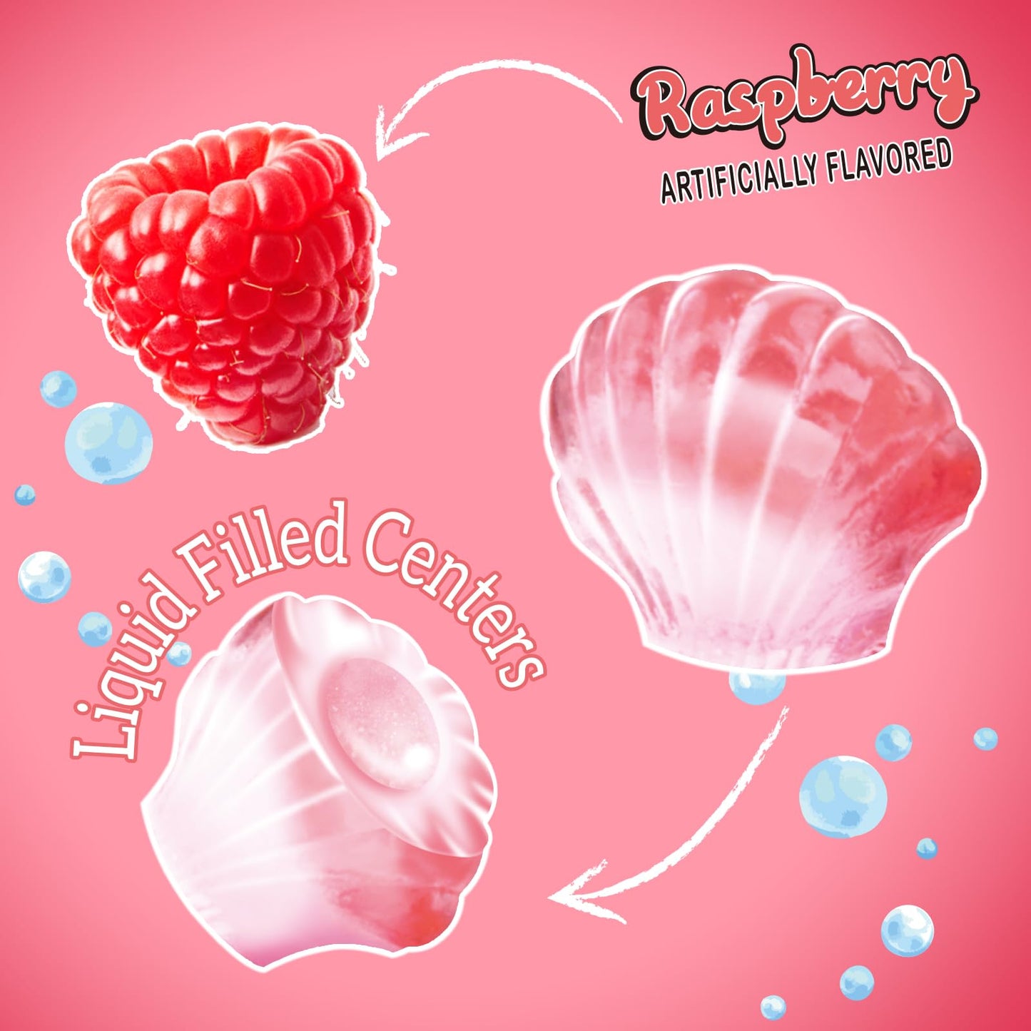 Amos 4D Gummy Candy Mermaid Jewels Fruity Filled, Soft Center Jelly-Filled Seashell Candy, Raspberry Flavor (9Oz Pack) Pink