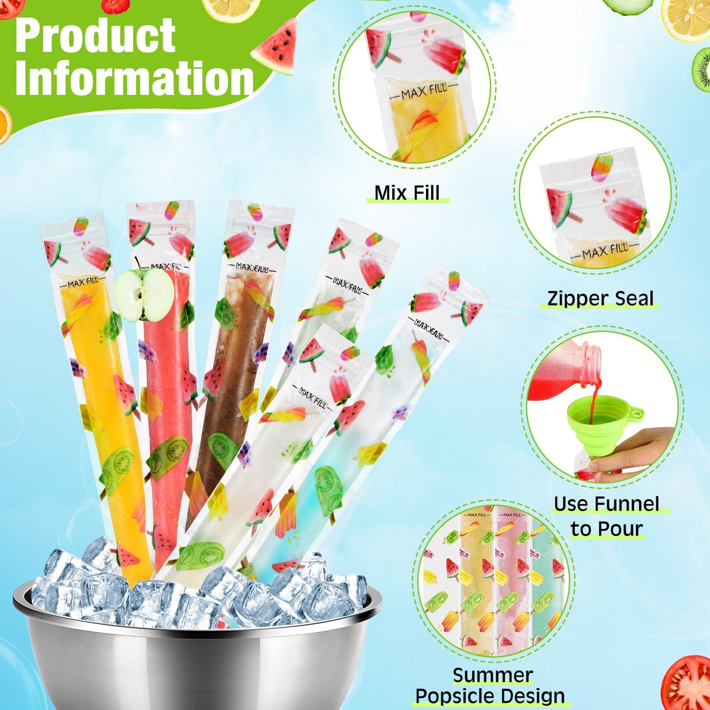 Yiyiring 300 Pcs Summer Ice Lolly Bags Disposable Ice Pop Bags Summer Fruit Freezer Tubes with Zip Freeze Pop Bag with Funnels f