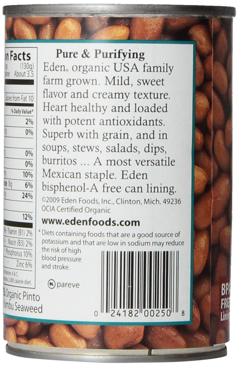 Eden Organic Pinto Beans, 15 oz Can, No Salt, Non-GMO, Gluten Free, Vegan, Kosher, U.S. Grown, Heat and Serve, Macrobiotic, Frij