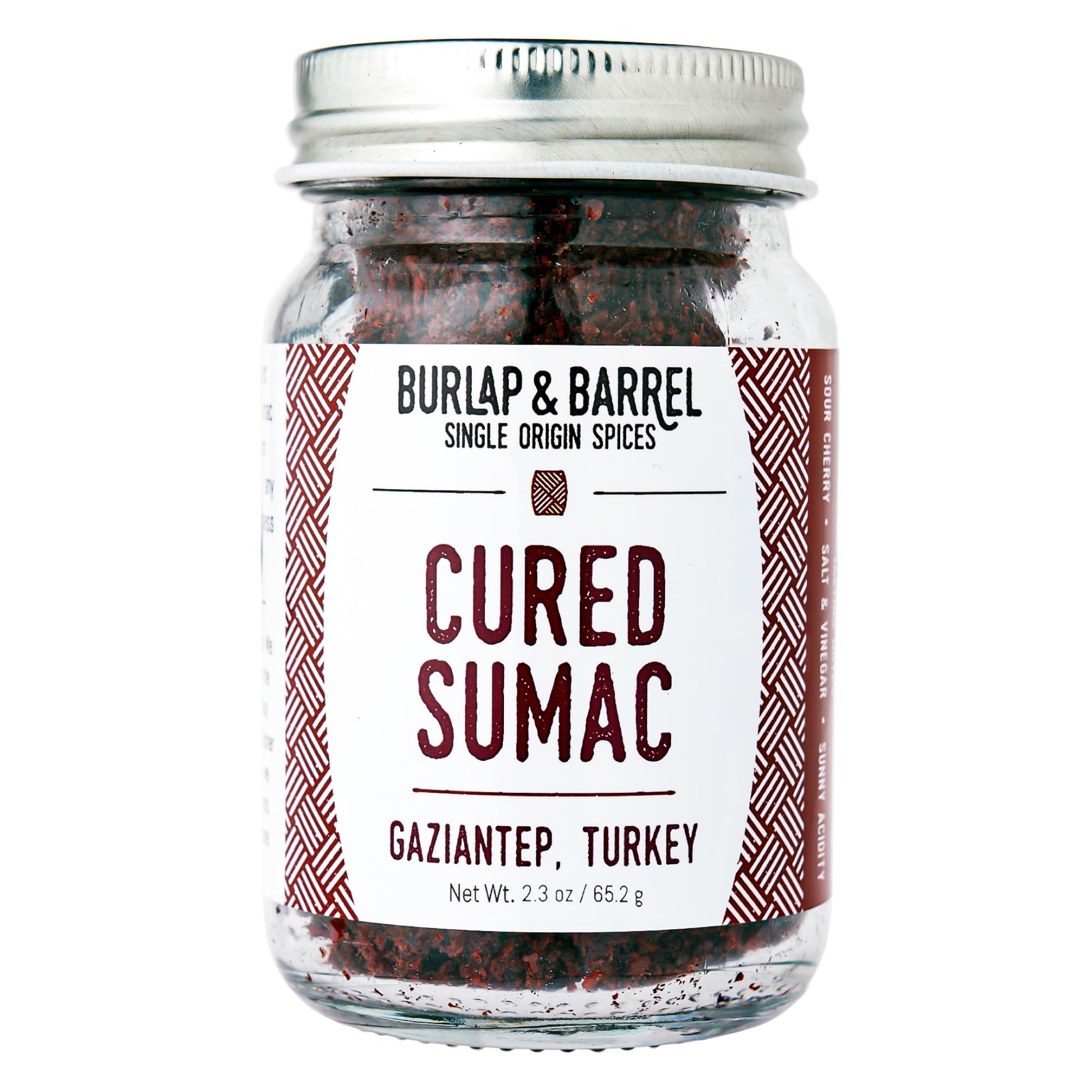 Burlap & Barrel Cured Sumac - Bright, Sour, Salty, Slightly Fermented Spice - Ground Sumac for Cooking - Savory Tartness - As Seen On Shark Tank - Kitchen Gift for Cooks - 2.3oz Glass Jar