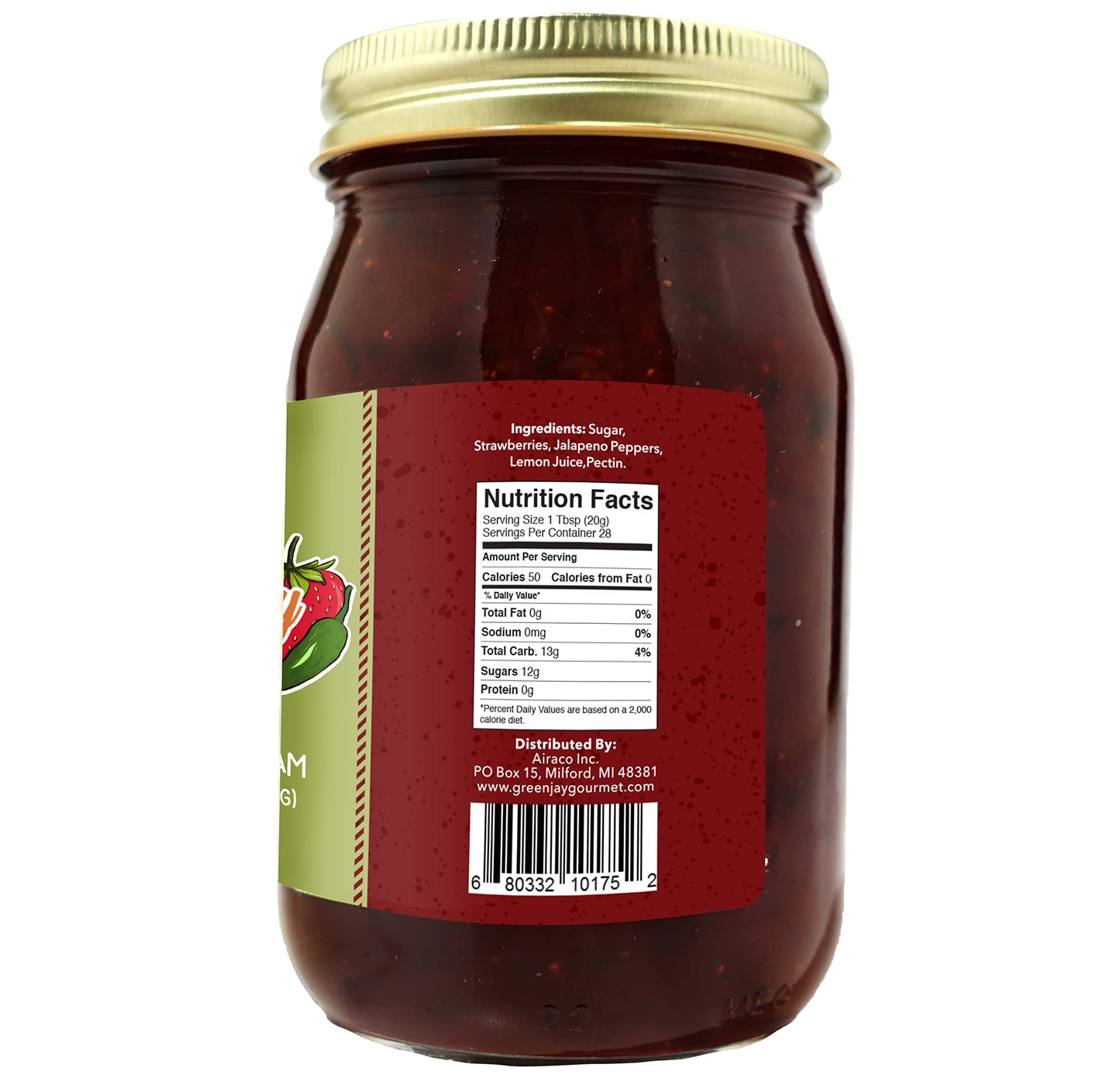 Green Jay Gourmet Strawberry Jalapeno Jam - All-Natural Strawberry Jam With Fresh Strawberries, Jalapeno Peppers & Lemon Juice -