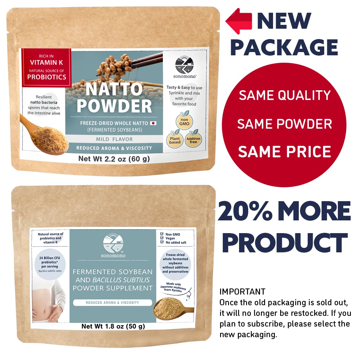Sonomono 10G More - Natto Powder Fermented Soybean Powder For Gut Health, Mild Flavor, Natural Freeze-Dried Japanese, High In Pr