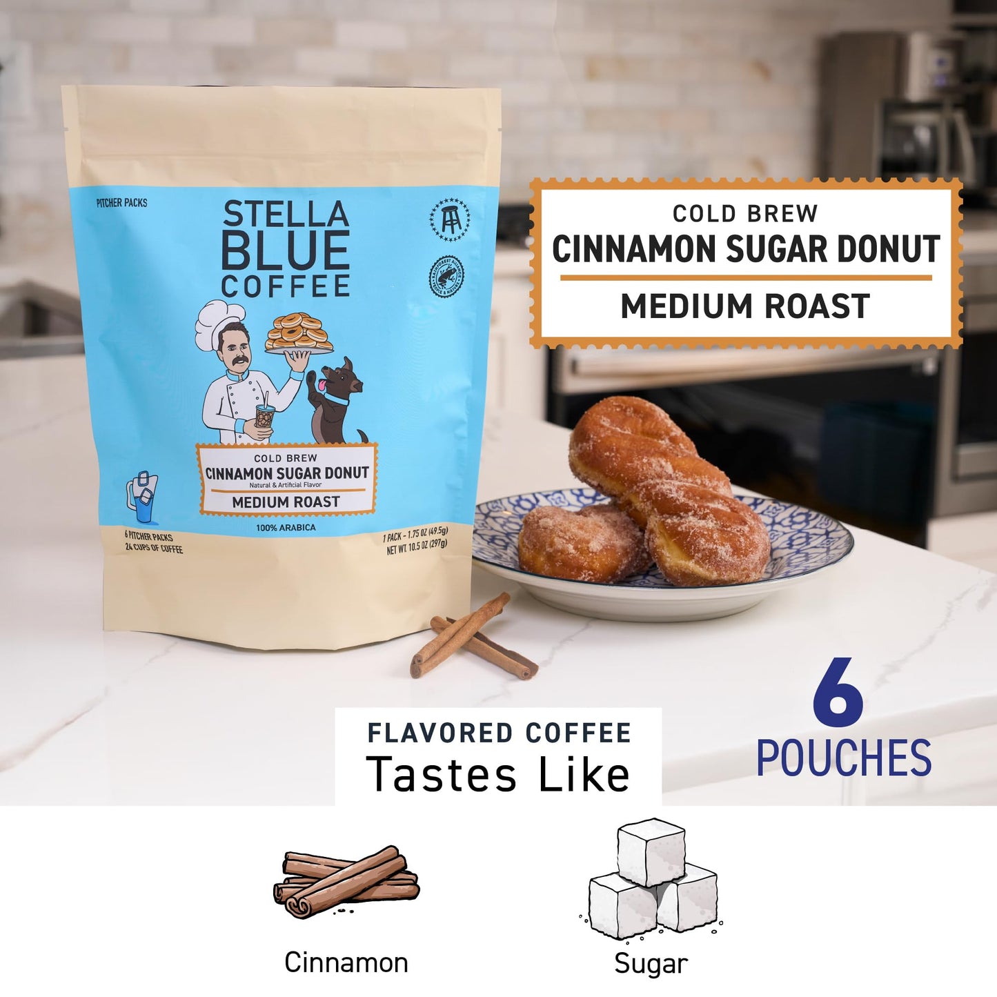 Stella Blue Cold Brew Coffee Bags  Cinnamon Sugar Donut  Medium Roast Ground Coffee  Smooth  Bold and Refreshing 100% Arabica  6 Brew Packets  Makes 24 Cups  Rainforest Alliance Certified