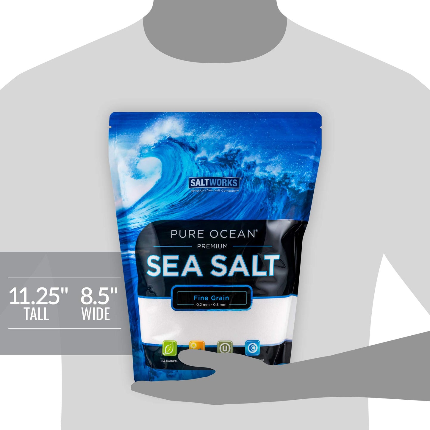 SaltWorks Pure Ocean Sea Salt, Fine Grain, 5 lb Bag, White Crystals, Model Ad-bm4-10365