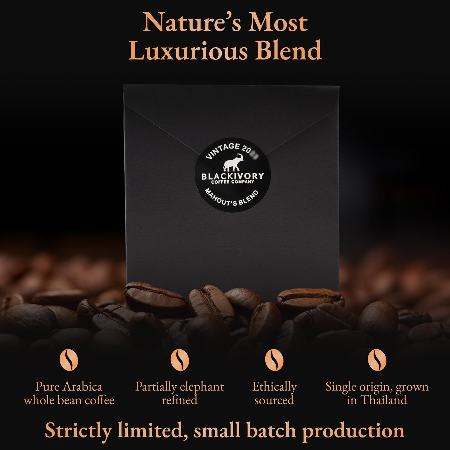 Black Ivory Coffee Mahouts Blend - elegant Medium Roast Arabica Coffee, 1.23 Ounce, Brown Beans, Black Packaging