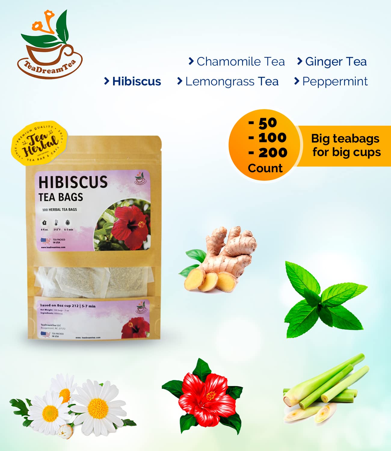 Teadreamtea Hibiscus Tea Bags | 50 Bleach-Free Tea Bags | Caffeine Free | Dried Hibiscus Flowers | Hibiscus Flower Tea | Dried Flower Tea | Brew Hot Or Iced |Herbal Hibiscus Tea