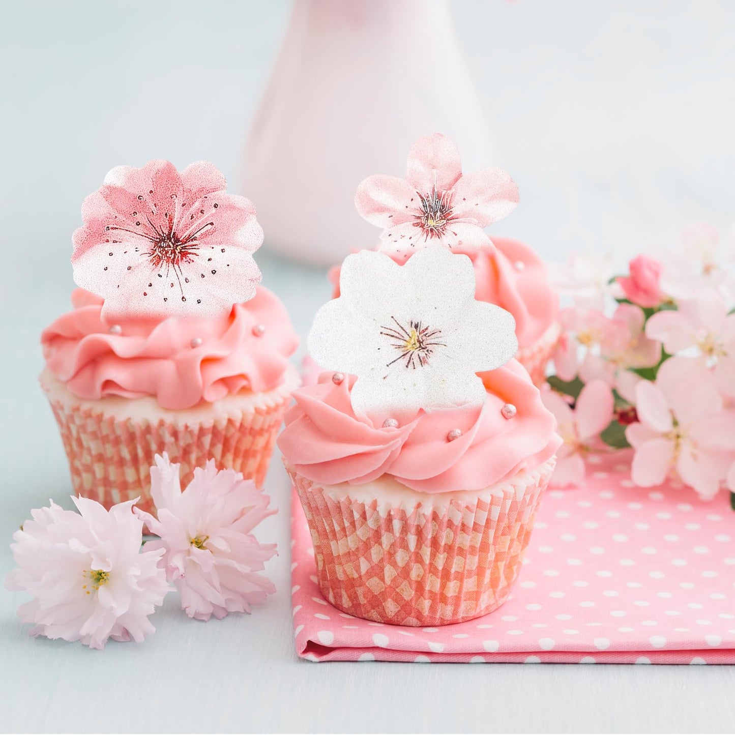 Yolev Edible Flower Cupcake Toppers, 75 Pcs Cherry Blossoms, Wafer Paper, 1.8 in, White/Pink, Wedding/Birthday Party Decorations