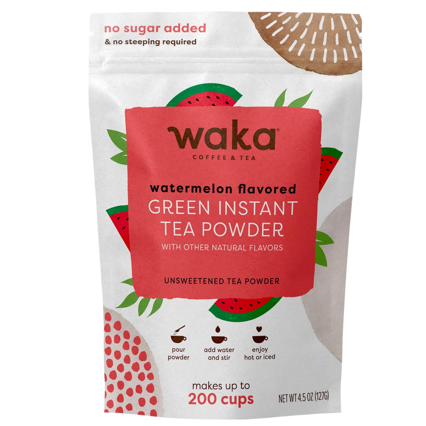 Waka Instant Green Tea Mix, Watermelon Flavored - 100% Tea Leaves, No Additives, Unsweetened Tea Powder In Bulk Pouch - Easy Qui