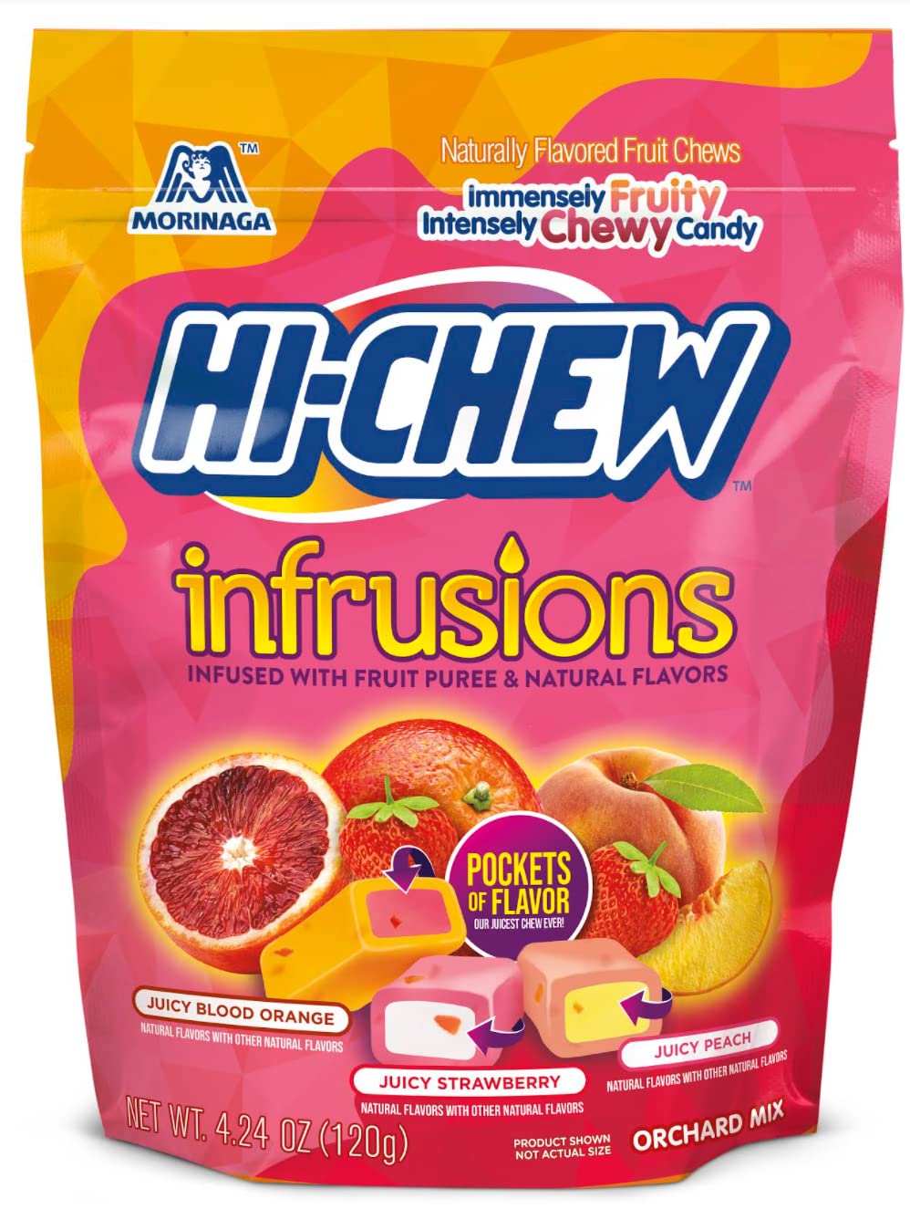 Hi-Chew Infrusions, 7 Mini Stand Up Pouches, 4.24Oz Each | Juicy Blood Orange Stawberry Peach | Unique Fun Soft & Chewy Taffy Candy | Immensely Juicy Fruit Flavors | Individually Wrapped For Sharing