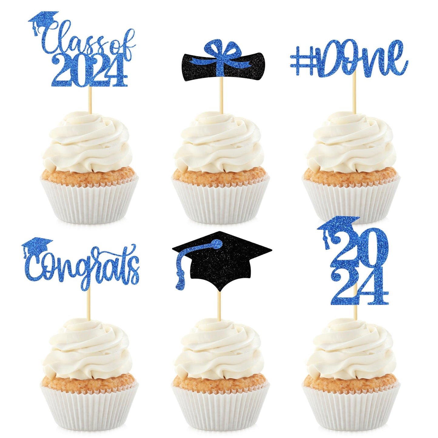 24Pcs Glitter Graduation Cupcake Toppers 2024 Blue Cupcake Picks For Graduation Theme Decorations Class Of 2024 No Diy Need