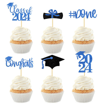 24Pcs Glitter Graduation Cupcake Toppers 2024 Blue Cupcake Picks For Graduation Theme Decorations Class Of 2024 No Diy Need