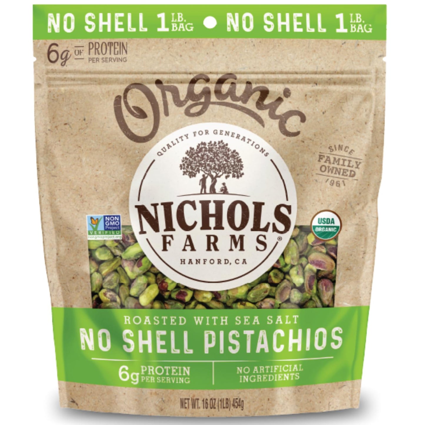 Nichols Farms Organic No Shell California Pistachios  Healthy Protein Snack  Roasted Sea Salt  1LB