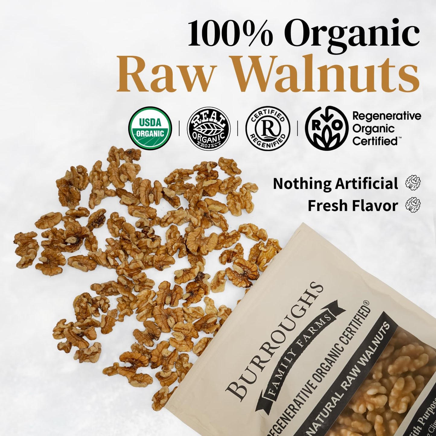 Organic Raw Walnuts Halves & Pieces 1.7lb - Unpasteurized, Regeneratively Grown in California - Whole, Fresh, Unsalted - Plant-B