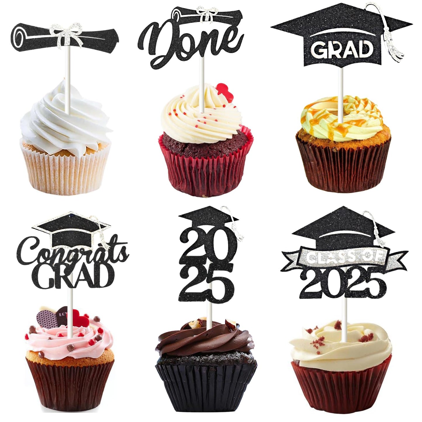 Chewarelly 24 Pack Graduation Cupcake Toppers, Glitter Decor, Black with Silver, Model GRADGL-24B03