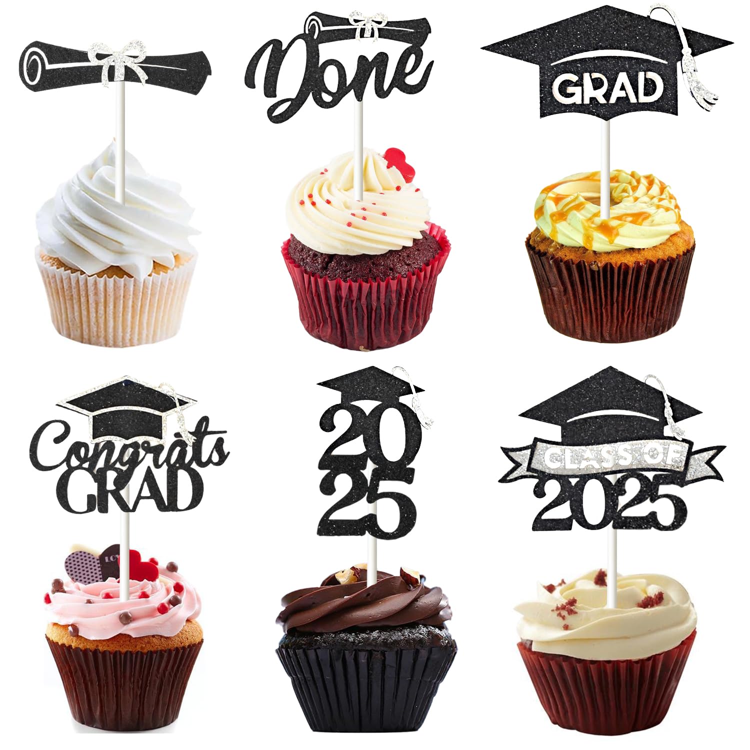 Chewarelly 24 Pack Graduation Cupcake Toppers, Glitter Decor, Black with Silver, Model GRADGL-24B03