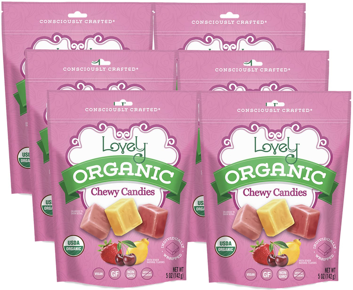 Lovely Candy Co. Organic Chewy Candies 5oz Bag (6-pack) | Natural Strawberry, Lemon & Cherry Flavors | Vegan, Gluten Free, Non-G