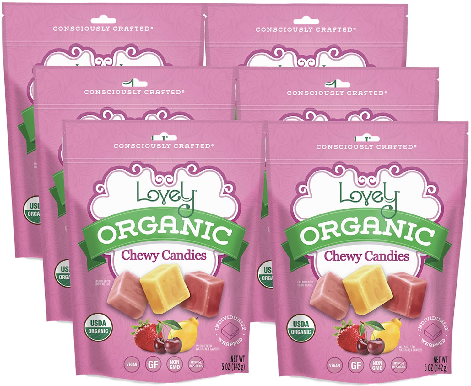 Lovely Candy Co. Organic Chewy Candies 5oz Bag (6-pack) | Natural Strawberry, Lemon & Cherry Flavors | Vegan, Gluten Free, Non-G