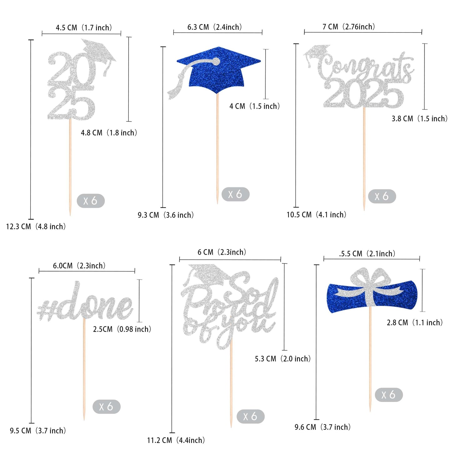 36 Pcs Class Of 2025 Graduation Cupcake Toppers, Silver & Blue Glitter Double-Sided Grad Cap Cake Picks For Party Supplies, 2025