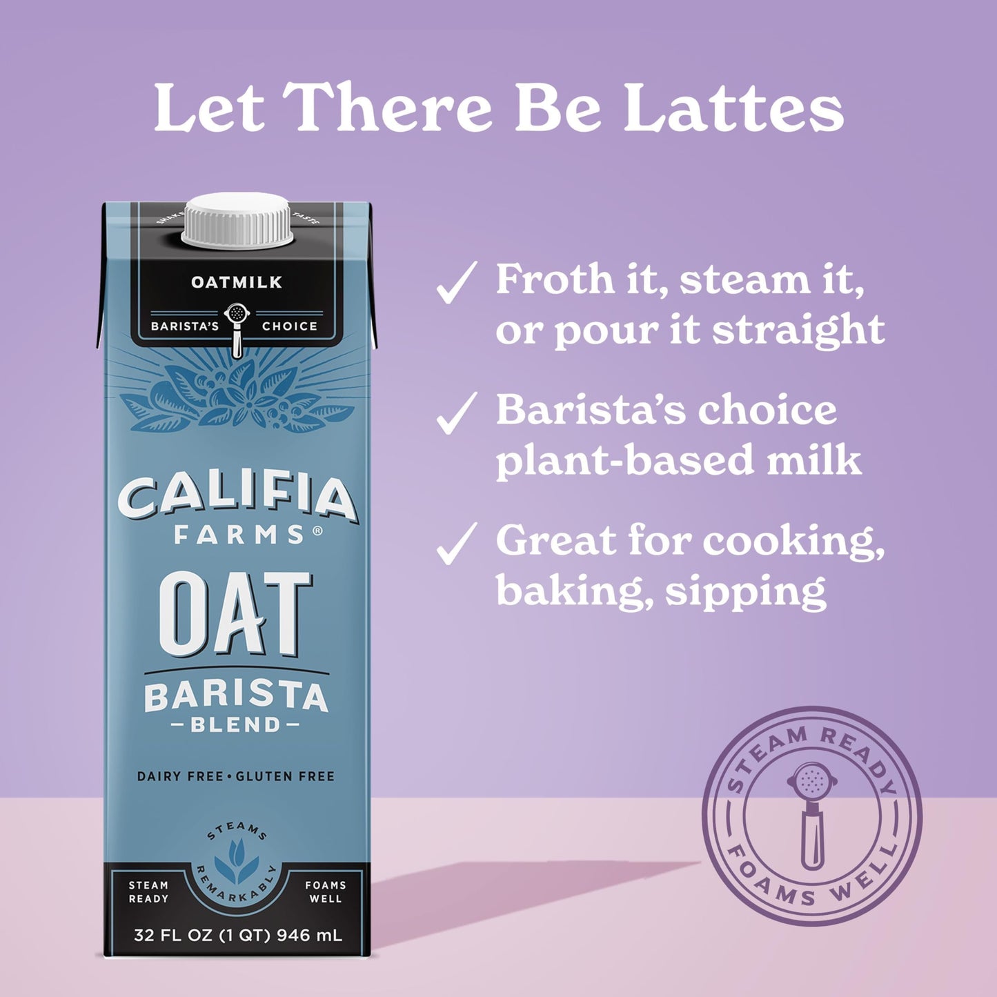 Califia Farms - Oat Barista Blend Oat Milk, 32 Oz (Pack of 6), Shelf Stable, Dairy Free, Plant Based, Vegan, Gluten Free, Non GM