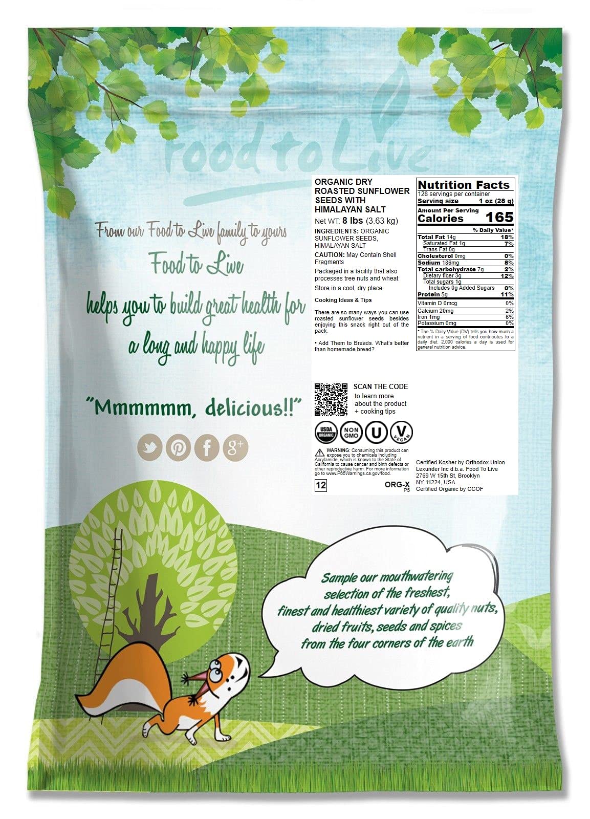 Food to Live Organic Roasted Sunflower Seeds, 8 LB - Non-GMO, Vegan, Kosher, High Protein, Bulk Snack