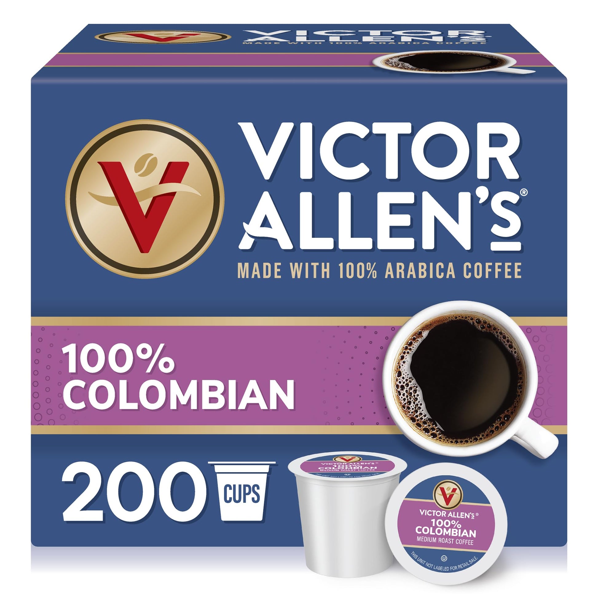 Victor Allens Coffee 100% Colombian Medium Roast Single Serve Pods, 200 Count, Compatible with Keurig K-Cup Brewers, Brown