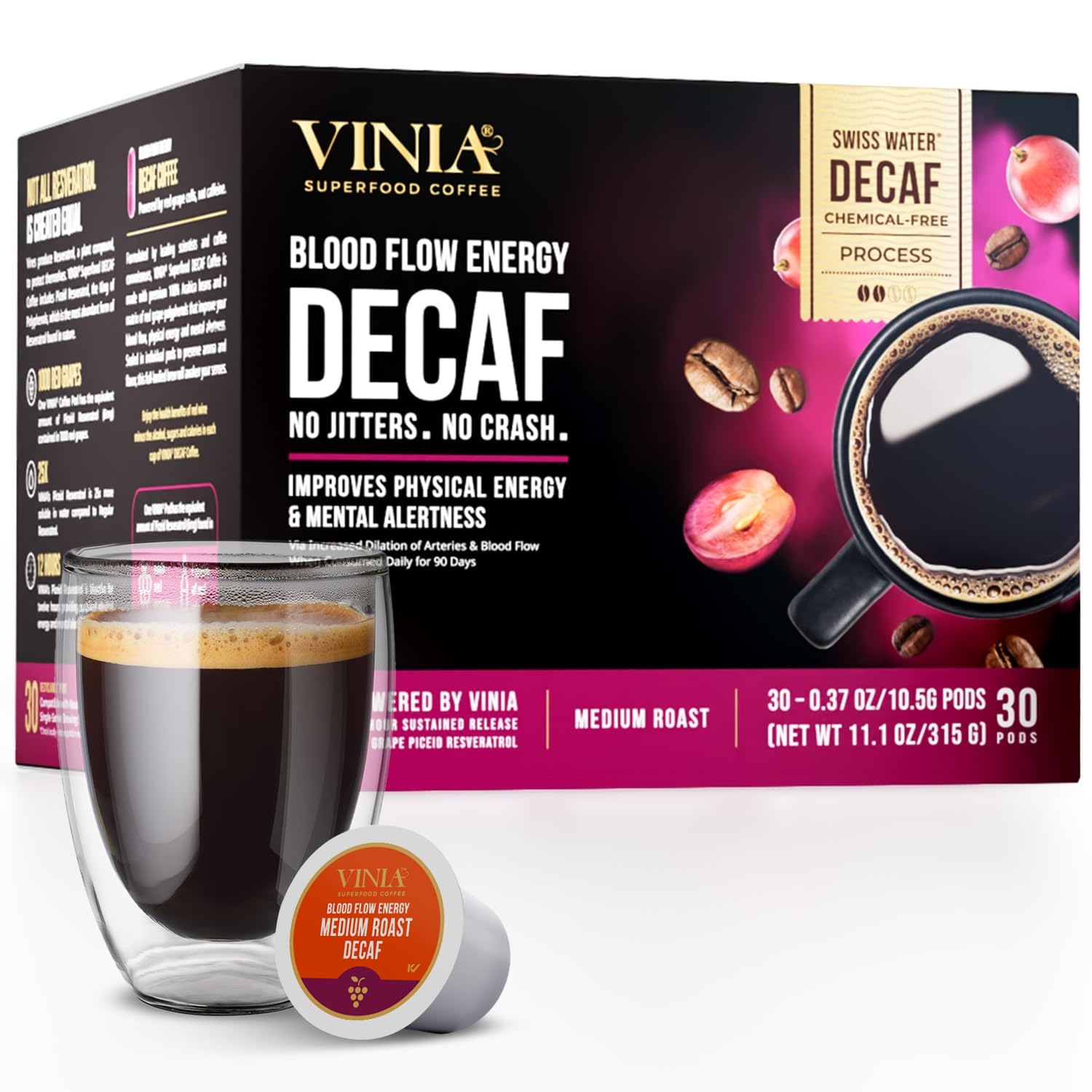 VINIA Medium Roast DECAF Coffee Pods - Caffeine Free, Compatible with K Cup Machines, 30 Count