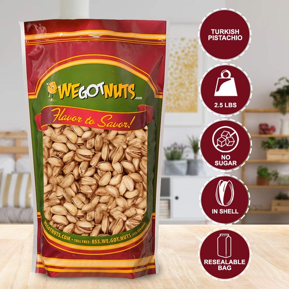 Turkish Antep Pistachios - 2.5 lbs (40oz) Premium Quality Kosher Roasted Pistachios By We Got Nuts - Natural & Healthy Rich Flav
