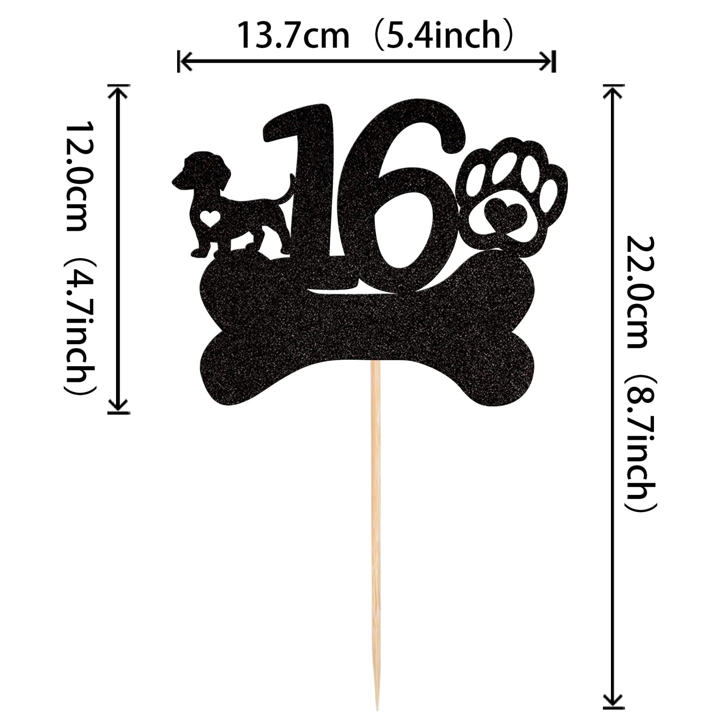 ZHUOWEISM 16th Birthday Cake Topper Black Glitter Dog Paw Design Paper Decoration for Kids Party Supplies