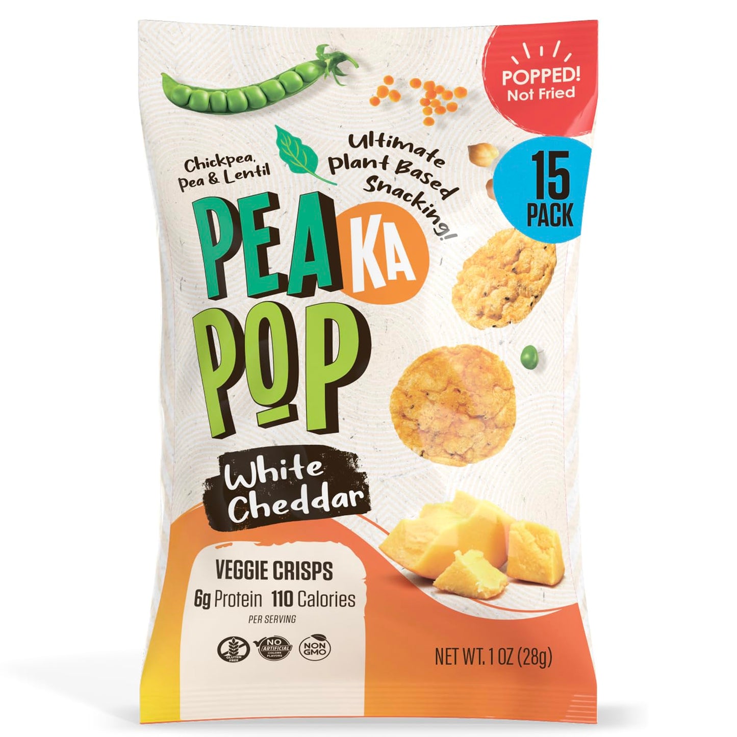 PEAKAPOP Veggie Chips - Plant-Based White Cheddar Crisps, Vegan & Gluten-Free, 15 oz (15-Pack)