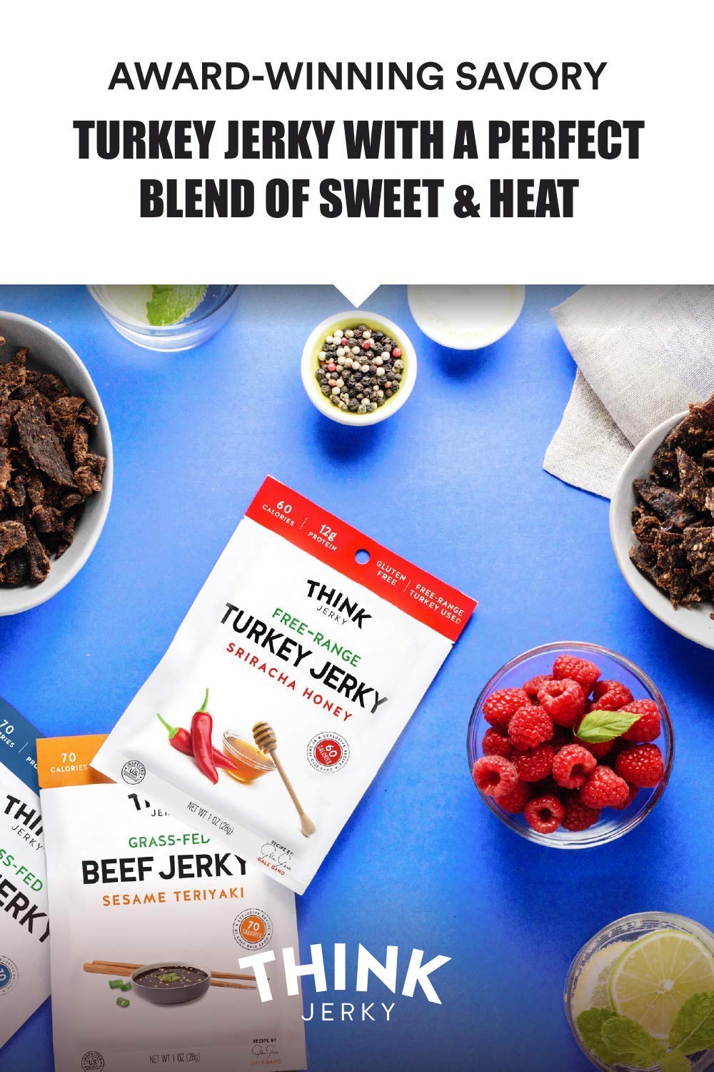 Think Jerky Sriracha Honey Turkey Jerky, Gluten Free, Low Calorie, 1 oz Bags, 8 Pack