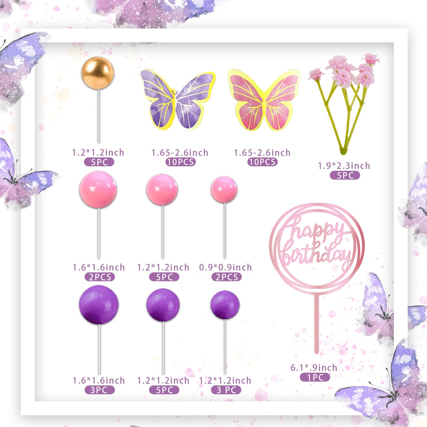 51 Pcs Pink Purple Balls Cake Toppers Butterfly Cake Decorations Happy Birthday Cake Topper For Wedding Baby Shower Birthday Flo