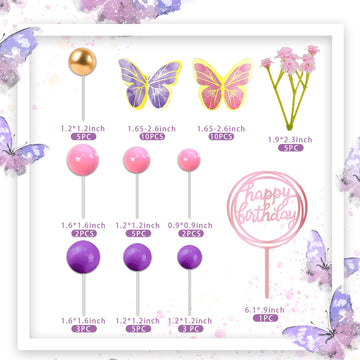 51 Pcs Pink Purple Balls Cake Toppers Butterfly Cake Decorations Happy Birthday Cake Topper For Wedding Baby Shower Birthday Flo