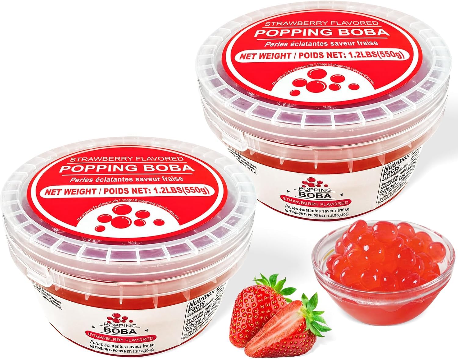 Soeos Strawberry Popping Boba, 1.2lbs (550g) Pack of 2, Bursting Strawberry Flavor Pearls for Bubble Tea, Desserts & Drinks, Rea