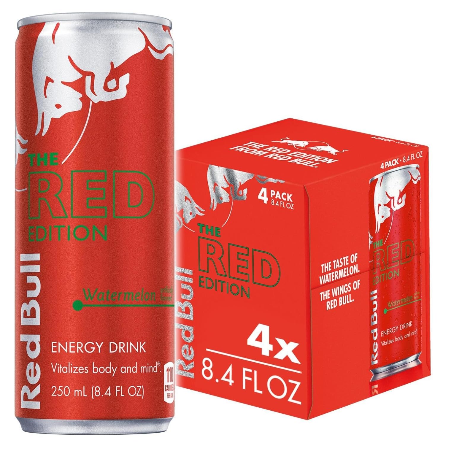 Red Bull Red Edition Energy Drink, Watermelon, With 80Mg Caffeine Plus Taurine & B Vitamins, 8.4 Fl Oz, Pack Of 4 Cans