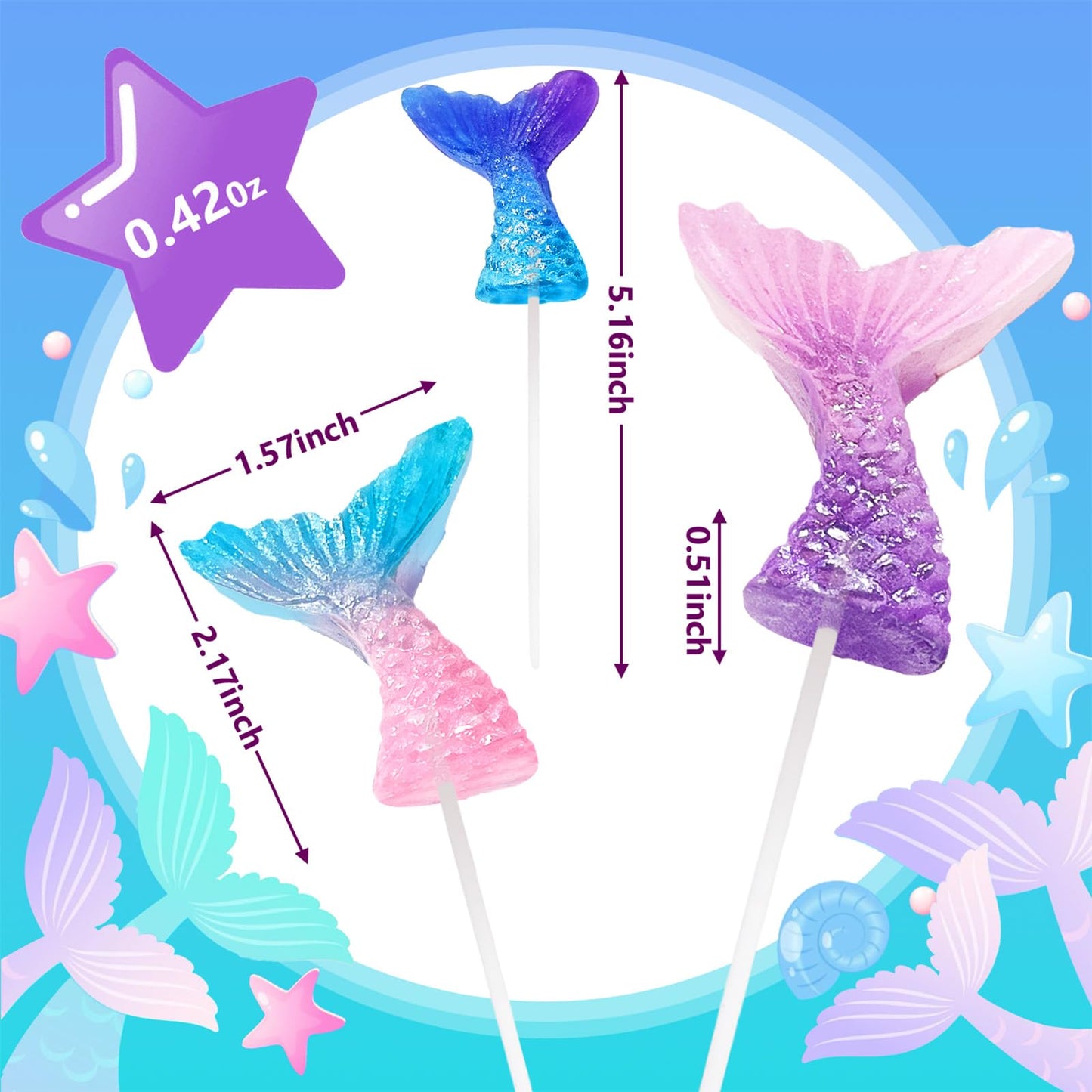 ZOFIA SWEET Mermaid Lollipops 24pk, Multi Color Mermaid Tail Candy for Birthday Party Favors