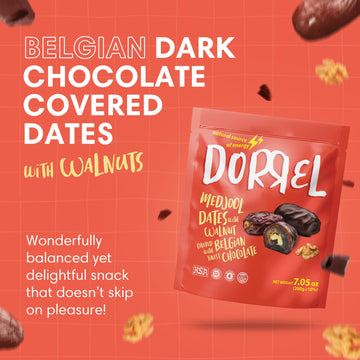 Dorrel - Belgian Dark Chocolate Covered Dates (Medjool) With Walnuts Stuffing, High Energy Vegan Choco Snack, Delicious, Kosher