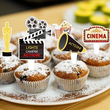 24 Pcs Movie Night Themed Cupcake Toppers For Birthday Party Decorations, Cinema Themed Party Supplies, Cinema Sign