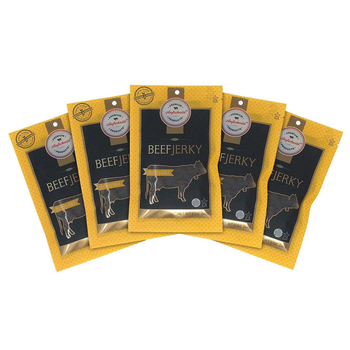 Premium Aufschnitt Beef Jerky - Low Sodium, Certified Kosher, Keto & Halal Friendly - 5 Pack, Teriyaki, 0.18 Ounce Each
