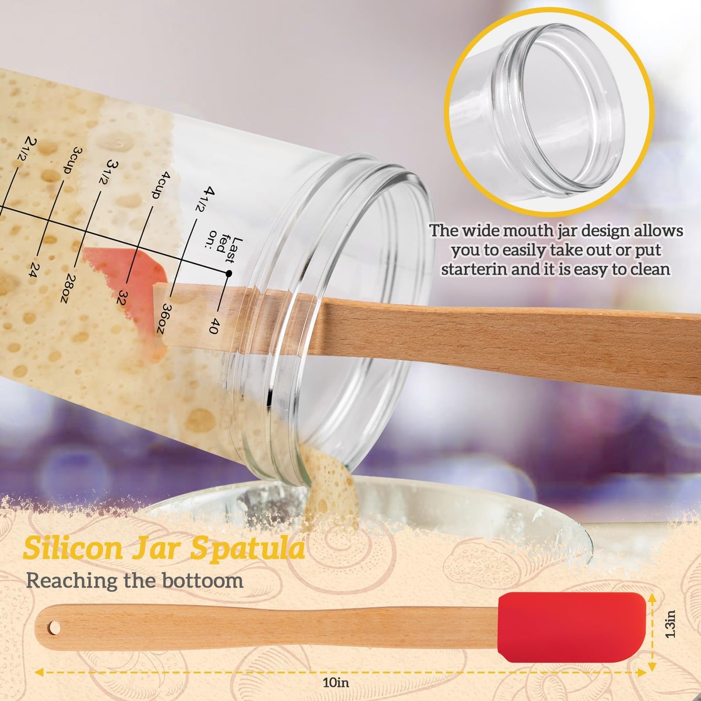 Tyniaide Sourdough Starter Kit with Thermometer Strips & Covers - 40 oz/1200 ml Jar