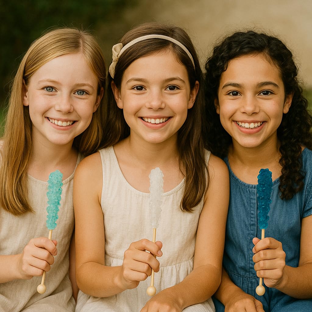 SweetGlob Classic Rock Candy Sticks, Sugar Crystal Lollipops, 18 Count, Frozen Ice Blue & White, Individually Wrapped