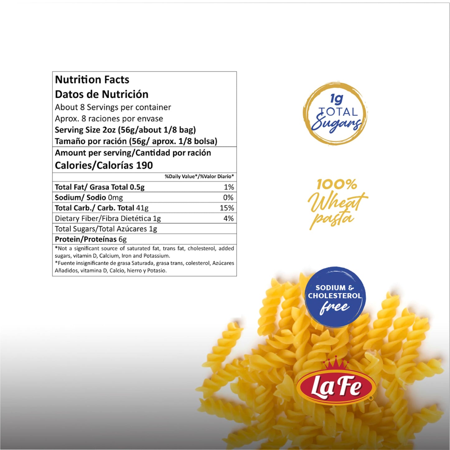La Fe Rotini Pasta 16Oz - 3 Pack - Unenriched Semolina Wheat Italian Pasta Rotini Noodles - Cholesterol & Sodium Free
