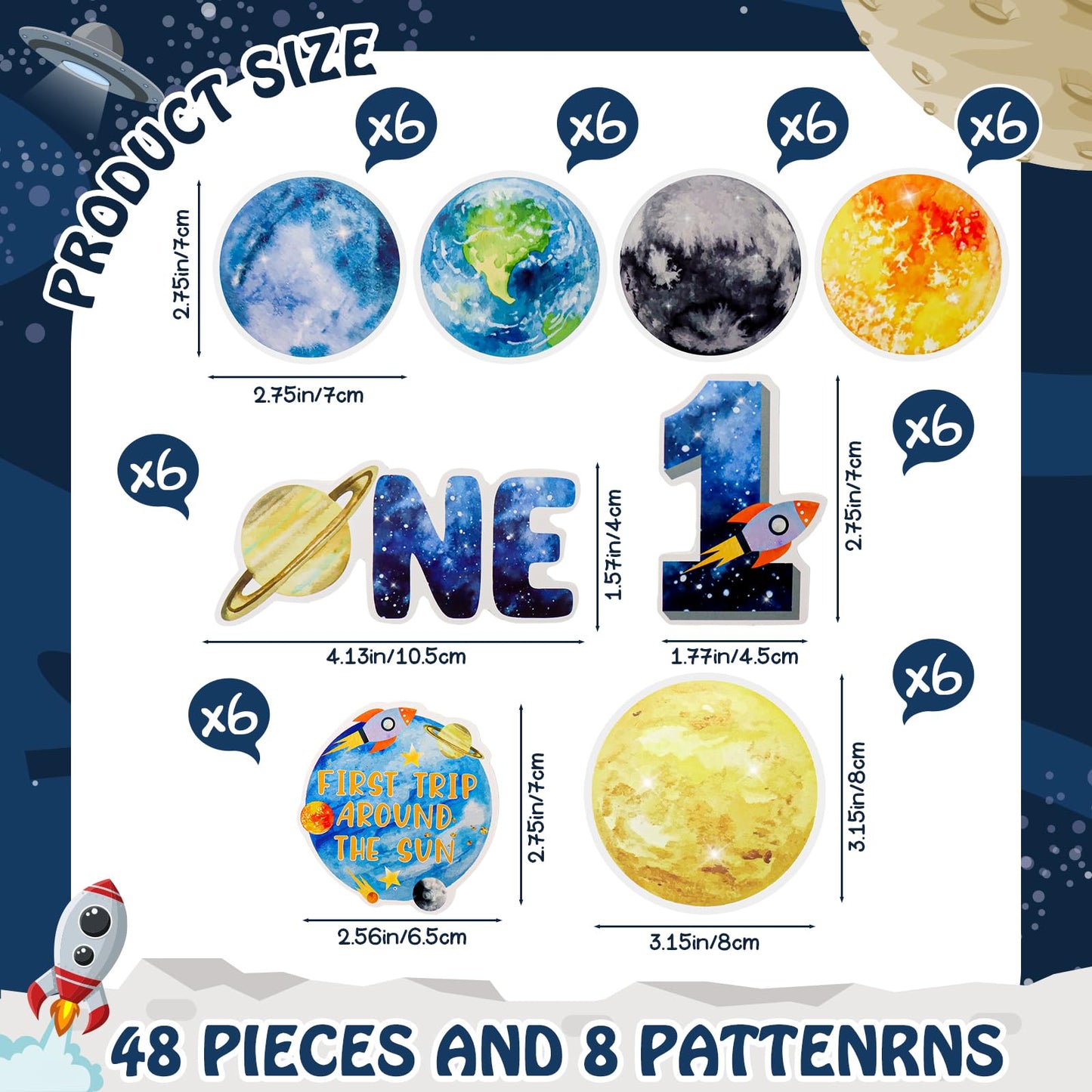 Weecnet 48Pcs First Trip Around The Sun Cake Topper 1St Birthday Party Decorations Space Cupcake Toppers Planets Solar System Th
