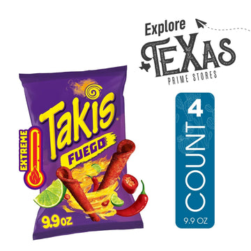 Takis Fuego Rolled Tortilla Chips - 4-Pack Sharing Size, 9.9 oz Bags, Hot Chili Pepper Flavor