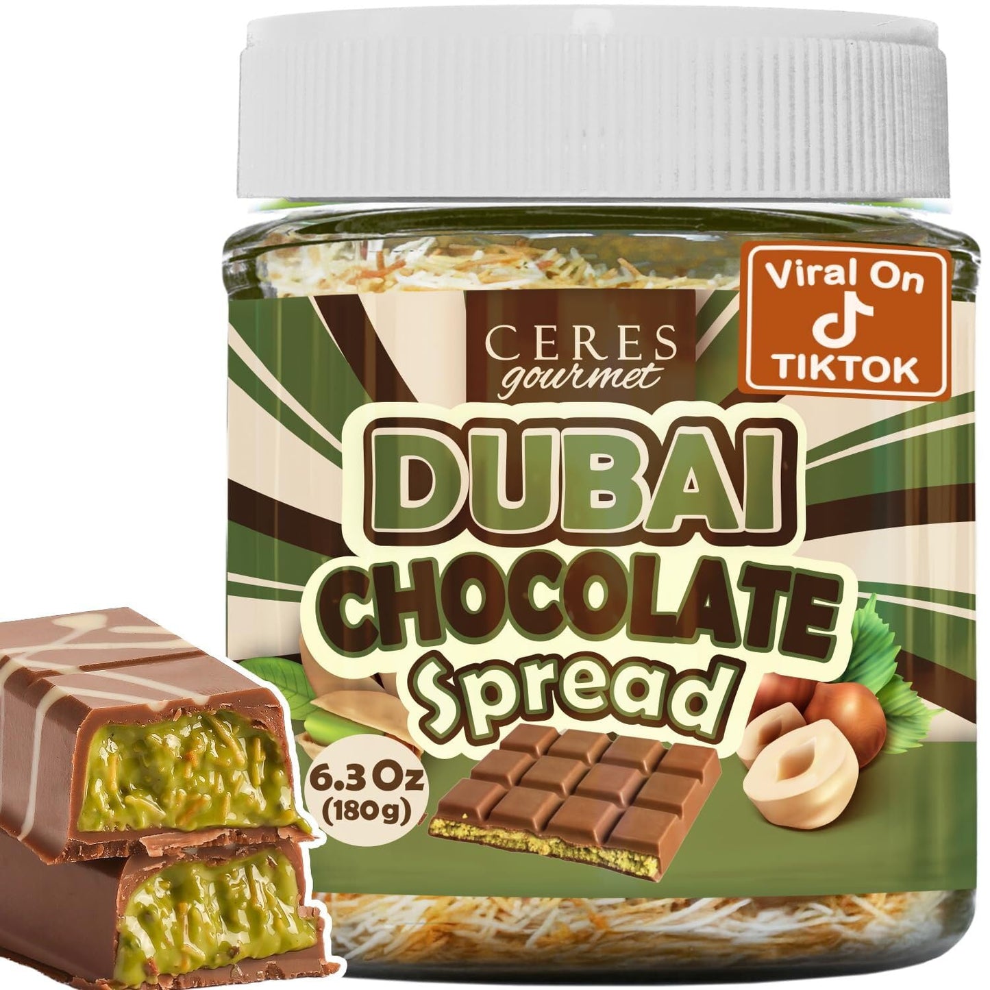 Dubai Chocolate Spread - 6.35 oz Jar with Pistachio  Kataifi & Gourmet Dubai Chocolate Filling for Pancakes  Breakfast  Snacks  and Desserts