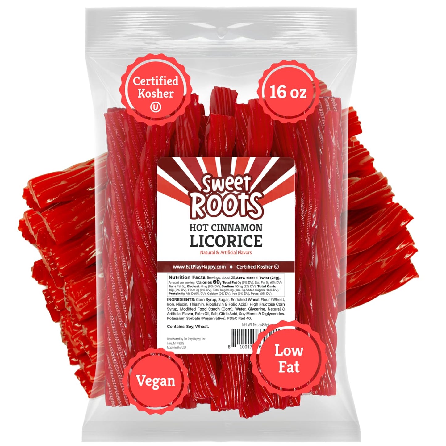 Sweet Roots Hot Cinnamon Licorice Twists (16 Oz / 1 Bag) - Jumbo Size - Certified Kosher - Vegan - Fat Free
