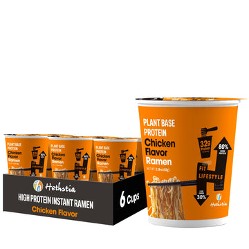 Hethstia Protein Ramen Instant Chicken Soup Cup, Plant-Based High Protein(32g) Ramen Chicken Flavor, 6 Pack, Air-Dried, Non-Frie