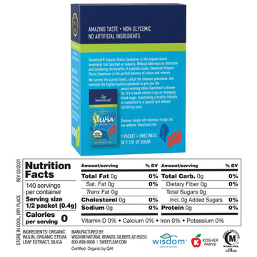 Sweetleaf Organic Stevia Packets - Zero Calorie Stevia Powder, No Bitter Aftertaste, Sugar Substitute For Keto Coffee, Nothing A