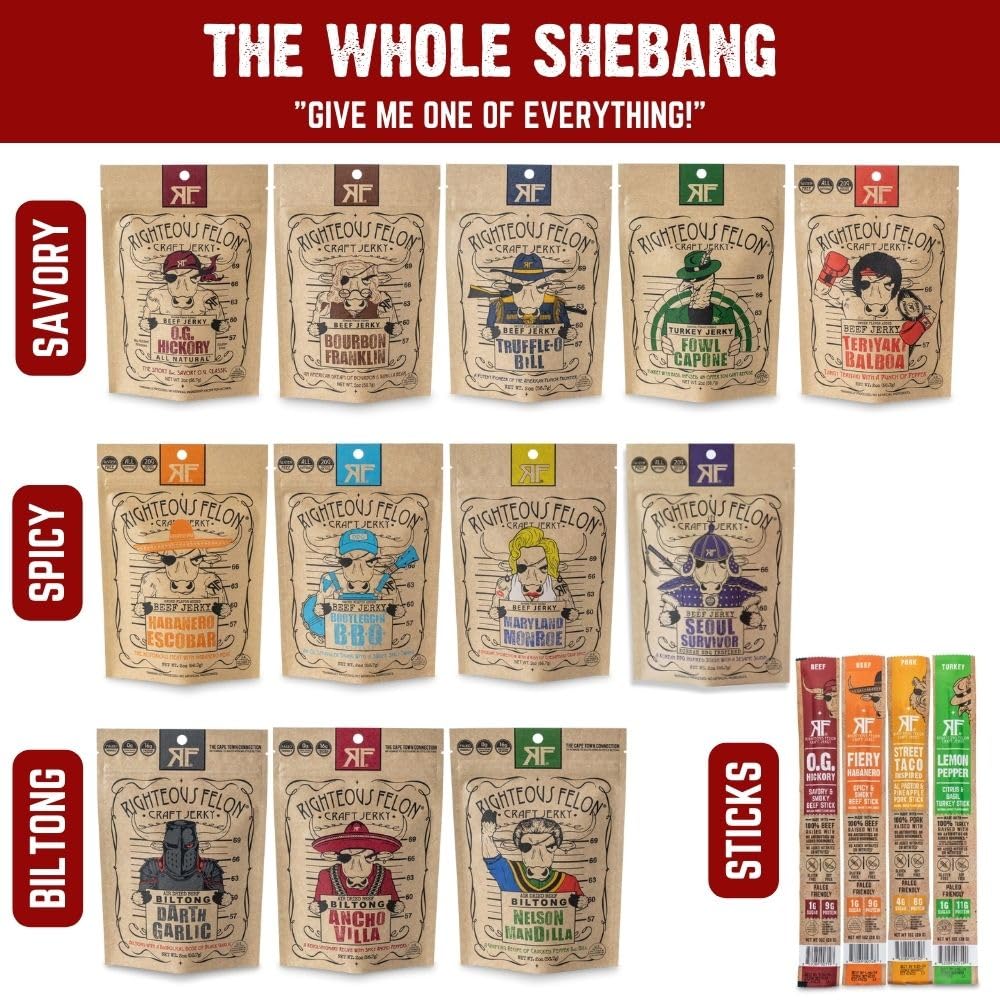 RIGHTEOUS FELON Beef Jerky Variety Pack | High Protein, Keto, Low Sugar | 16 Pack, 2 Ounce Each, Gluten Free
